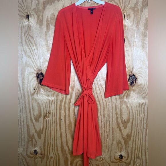 Bloomingdale’s Eileen Fisher 100% Silk Orange Midi Wrap Dress L Old Money Pretty - Picture 12 of 12